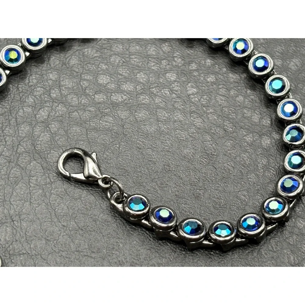 Japanned Dark Silver Tone Blue Aurora Borealis Crystal Tennis Necklace 17-19